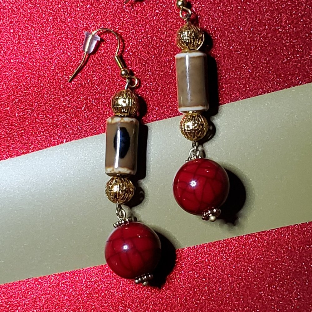LOVELY Scarlet Dangle, Red Bead, Gold Bead& Ceramic Bead Earrings.
